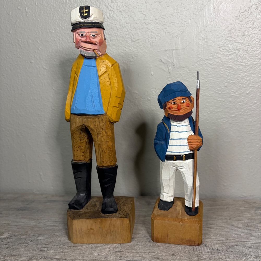 Vintage Hand Carved Wood Sailor Fisherman Figurines Nautical Folk Art Set of 2